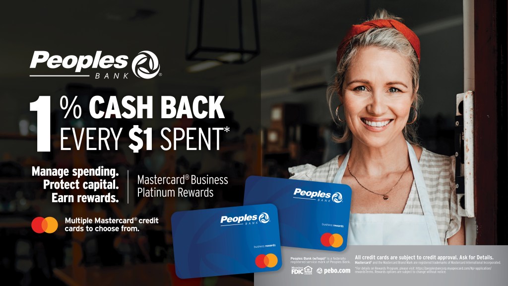 Peoples Bank: 1% cash back on evert $1 spent. Manage spending. Protect capital. Earn rewards. Mastercard Business Platinum Rewards. Multiple Mastercard credit cards to choose from.